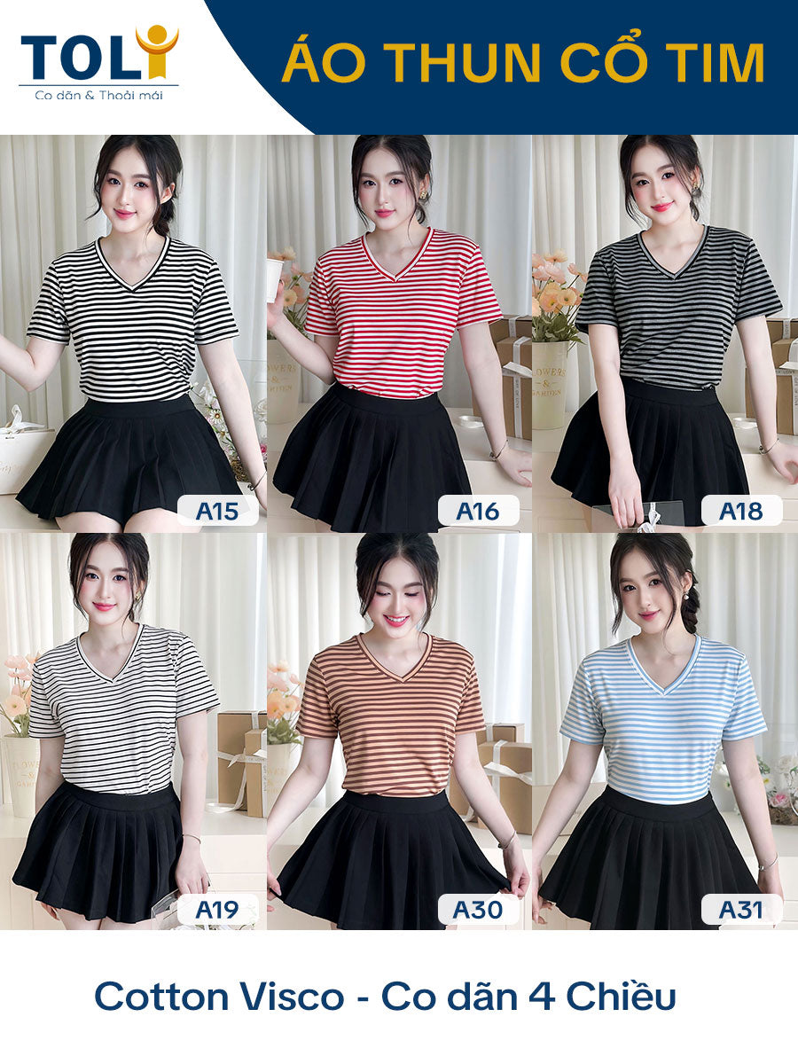 Áo thun nữ Tay ngắn-Cổ tim-Họa tiết kẻ sọc năng động, trẻ trung