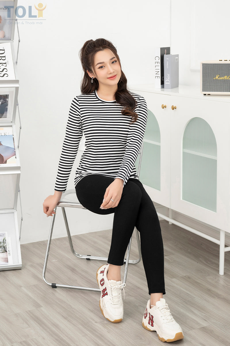 Áo Thun Tay Dài Nữ TOLI, Cổ Tròn, Họa Tiết Kẻ Sọc, Kiểu Dáng Trẻ Trung, Thanh Lịch - MÃ LHB