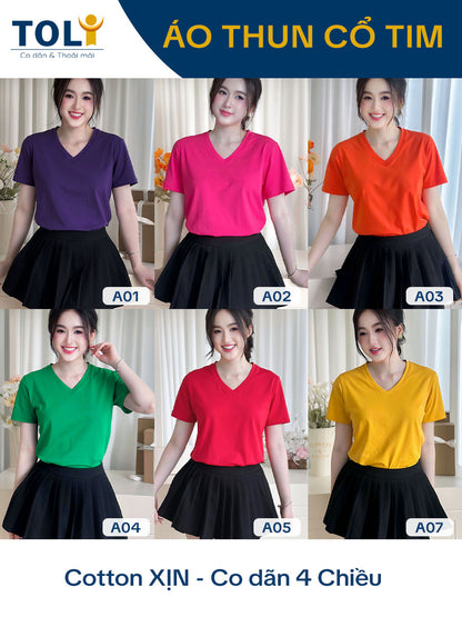 ÁO THUN NỮ TAY NGẮN-CỔ TIM-MÀU TRƠN