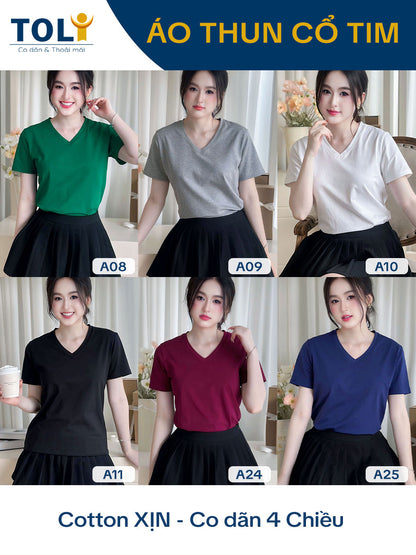 ÁO THUN NỮ TAY NGẮN-CỔ TIM-MÀU TRƠN