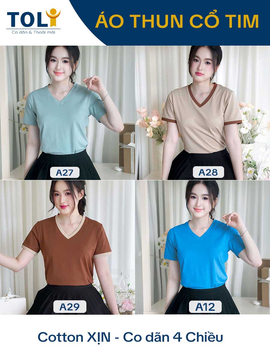 ÁO THUN NỮ TAY NGẮN-CỔ TIM-MÀU TRƠN