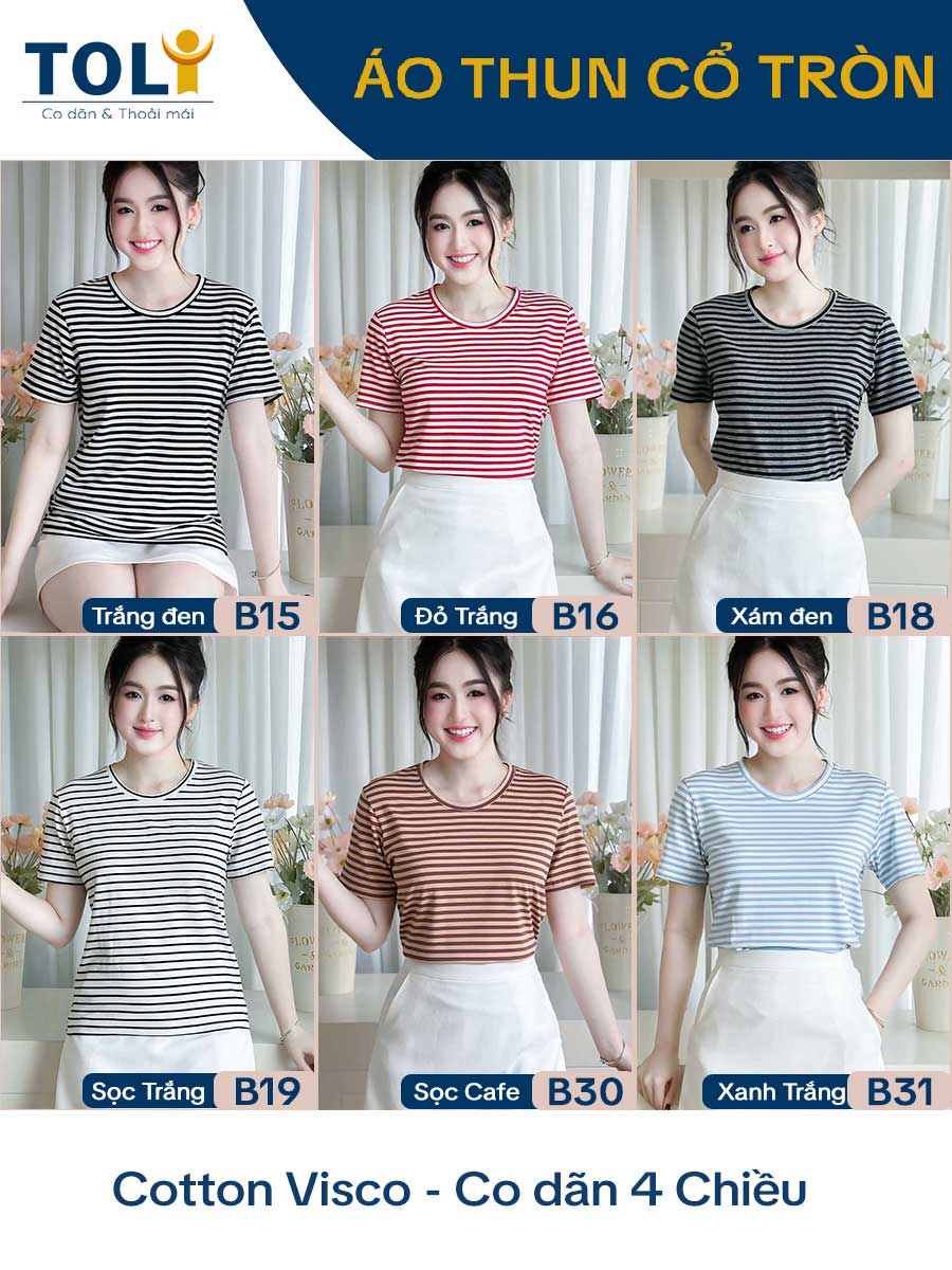 Áo thun nữ cổ tròn, họa tiết kẻ sọc, kiểu dáng trẻ trung - Mã BSB