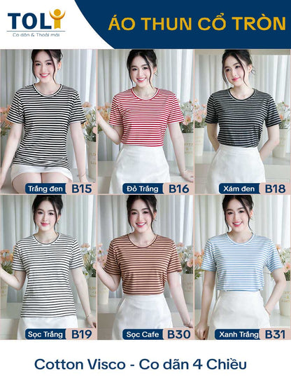 Áo thun nữ cổ tròn, họa tiết kẻ sọc, kiểu dáng trẻ trung - Mã BSB