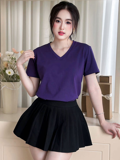 ÁO THUN NỮ TAY NGẮN-CỔ TIM-MÀU TRƠN