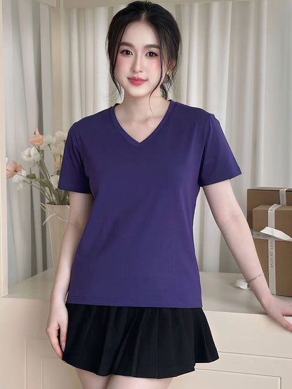 ÁO THUN NỮ TAY NGẮN-CỔ TIM-MÀU TRƠN