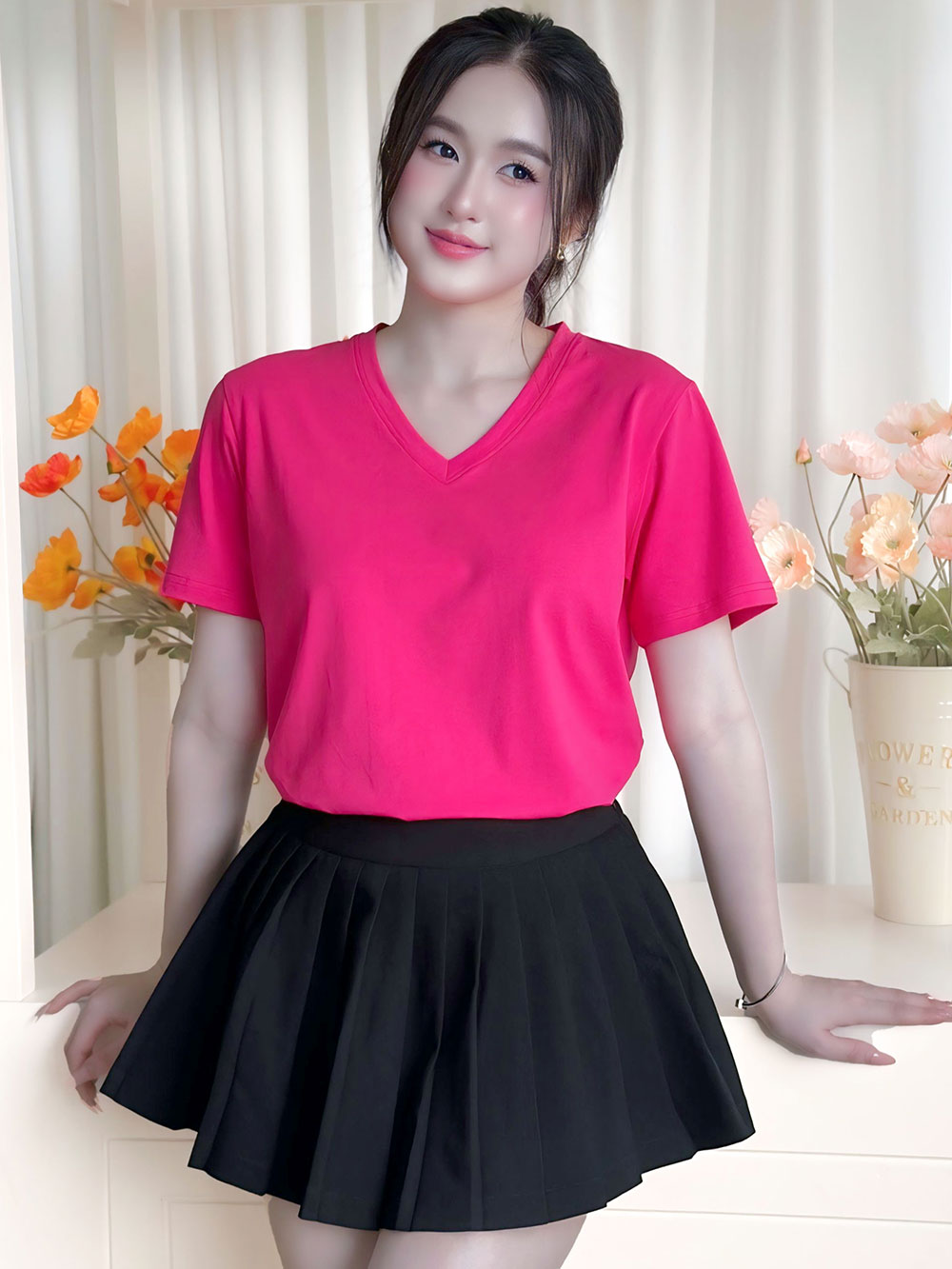 ÁO THUN NỮ TAY NGẮN-CỔ TIM-MÀU TRƠN