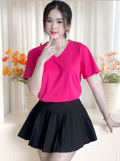 ÁO THUN NỮ TAY NGẮN-CỔ TIM-MÀU TRƠN