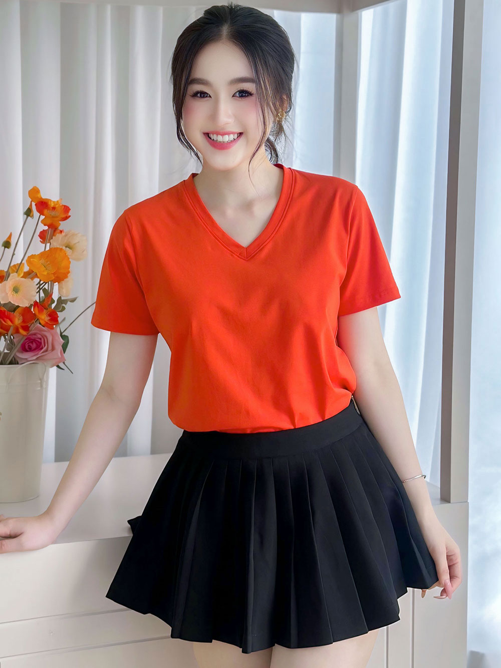 ÁO THUN NỮ TAY NGẮN-CỔ TIM-MÀU TRƠN