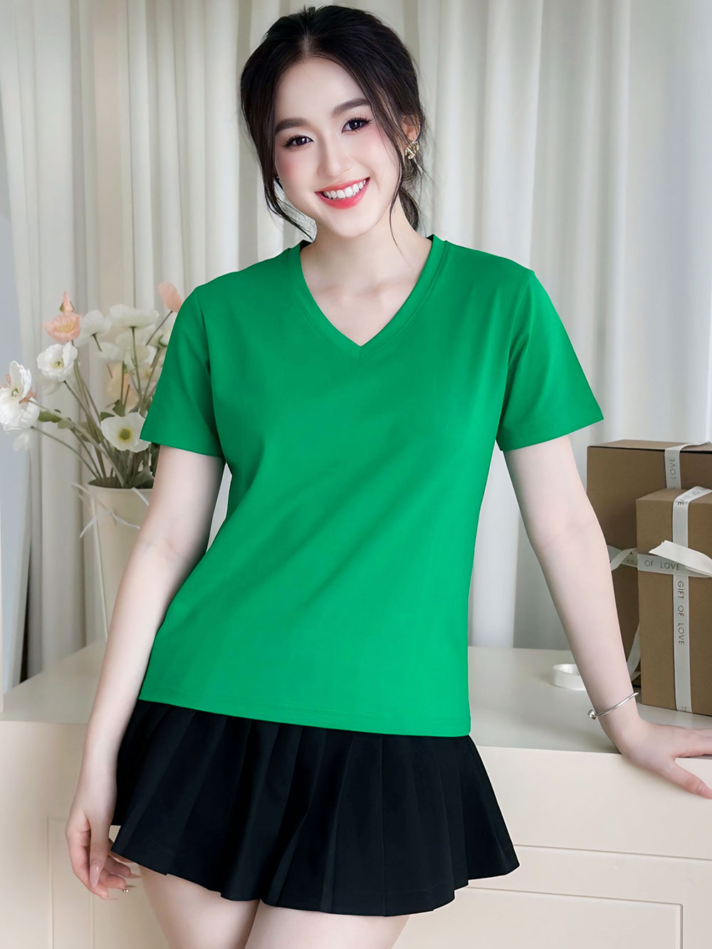 ÁO THUN NỮ TAY NGẮN-CỔ TIM-MÀU TRƠN