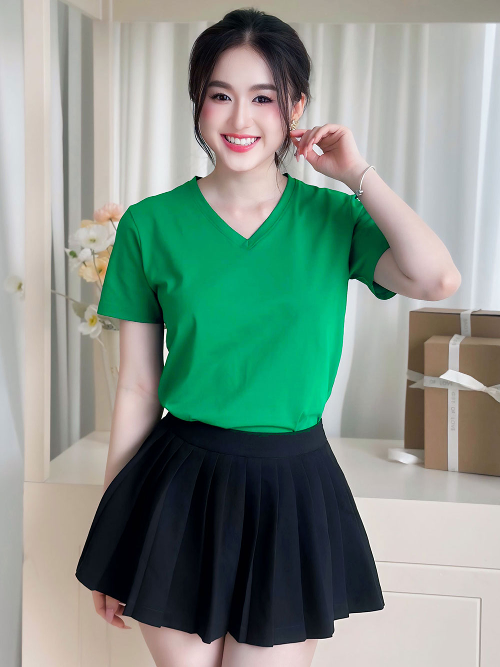 ÁO THUN NỮ TAY NGẮN-CỔ TIM-MÀU TRƠN