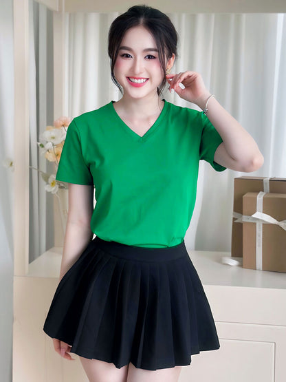 ÁO THUN NỮ TAY NGẮN-CỔ TIM-MÀU TRƠN