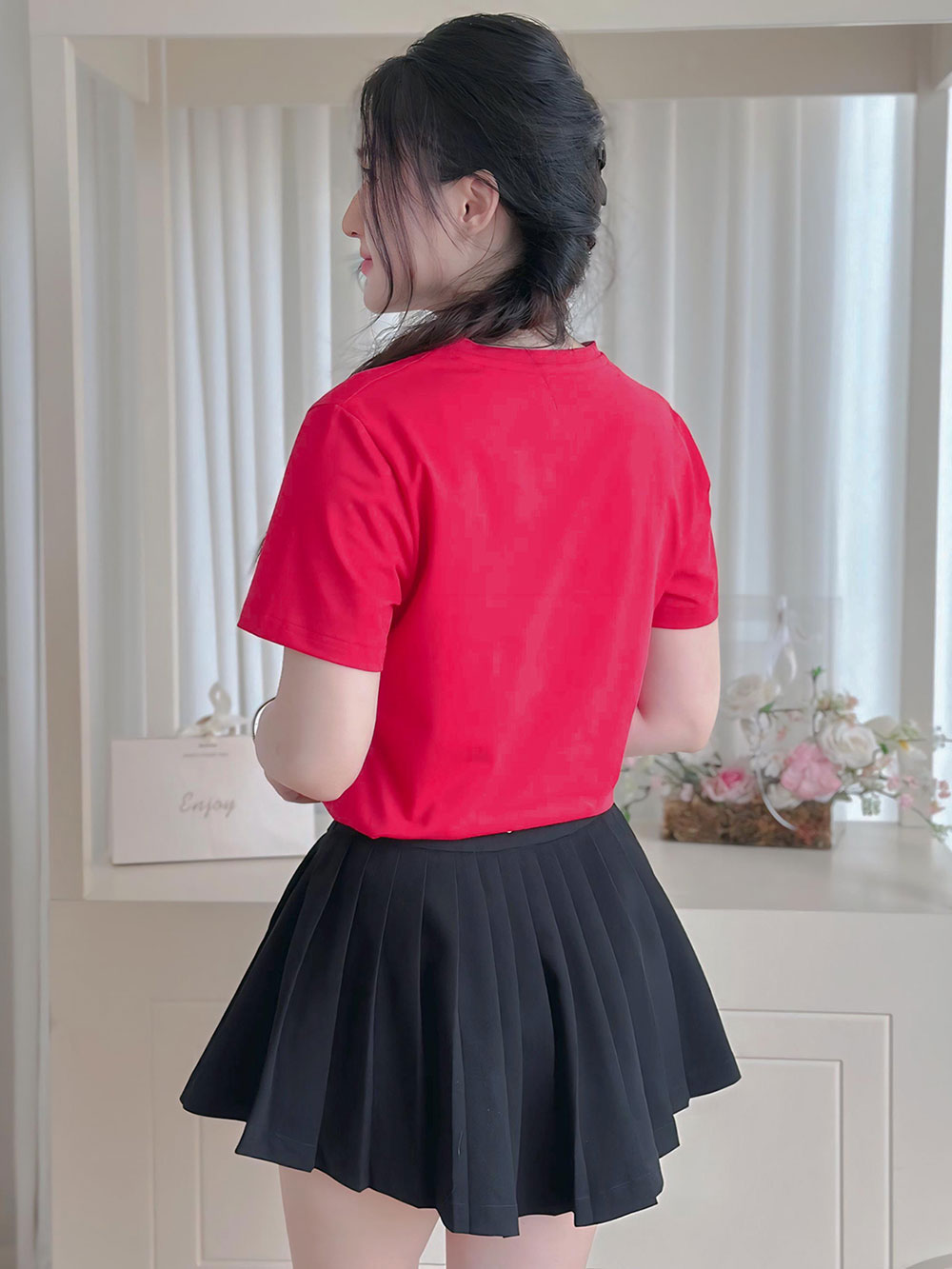 ÁO THUN NỮ TAY NGẮN-CỔ TIM-MÀU TRƠN