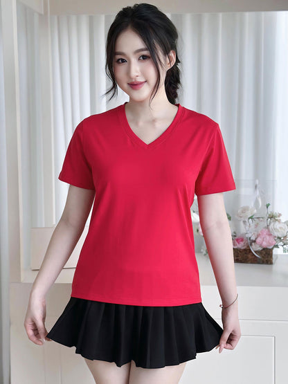 ÁO THUN NỮ TAY NGẮN-CỔ TIM-MÀU TRƠN