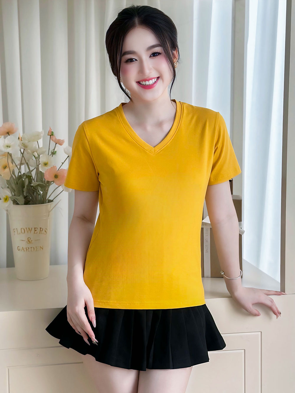 ÁO THUN NỮ TAY NGẮN-CỔ TIM-MÀU TRƠN