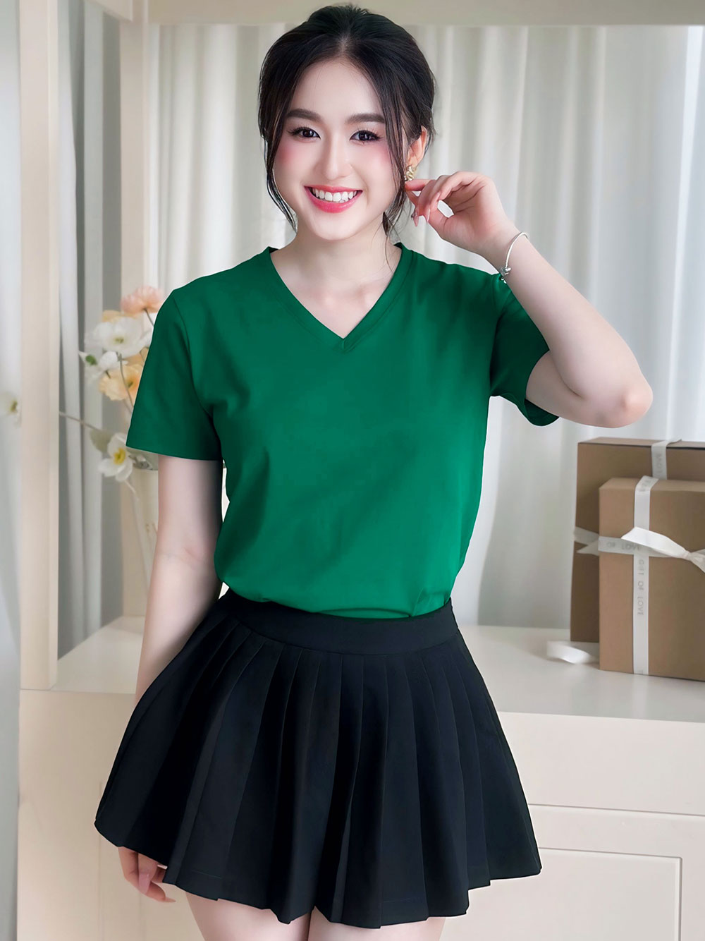 ÁO THUN NỮ TAY NGẮN-CỔ TIM-MÀU TRƠN