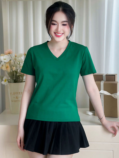 ÁO THUN NỮ TAY NGẮN-CỔ TIM-MÀU TRƠN