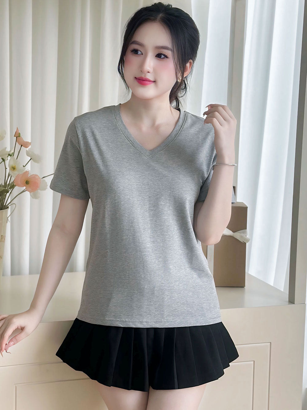 ÁO THUN NỮ TAY NGẮN-CỔ TIM-MÀU TRƠN