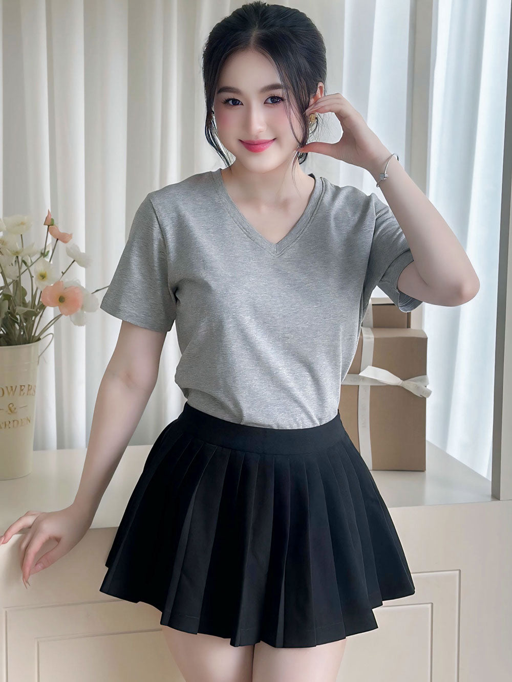 ÁO THUN NỮ TAY NGẮN-CỔ TIM-MÀU TRƠN