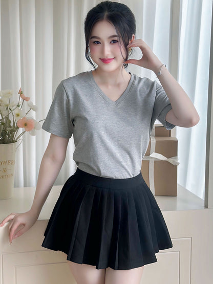 ÁO THUN NỮ TAY NGẮN-CỔ TIM-MÀU TRƠN