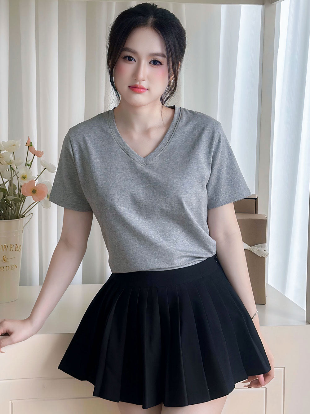 ÁO THUN NỮ TAY NGẮN-CỔ TIM-MÀU TRƠN