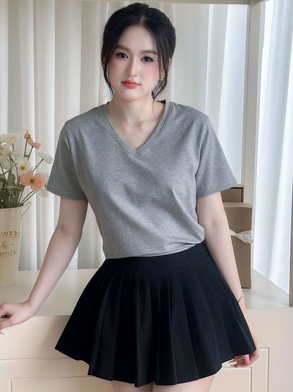 ÁO THUN NỮ TAY NGẮN-CỔ TIM-MÀU TRƠN