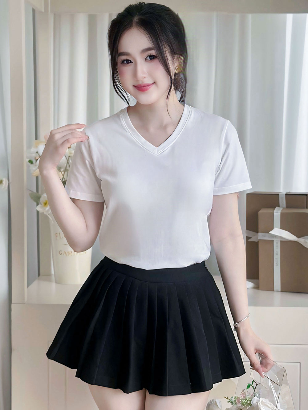 ÁO THUN NỮ TAY NGẮN-CỔ TIM-MÀU TRƠN