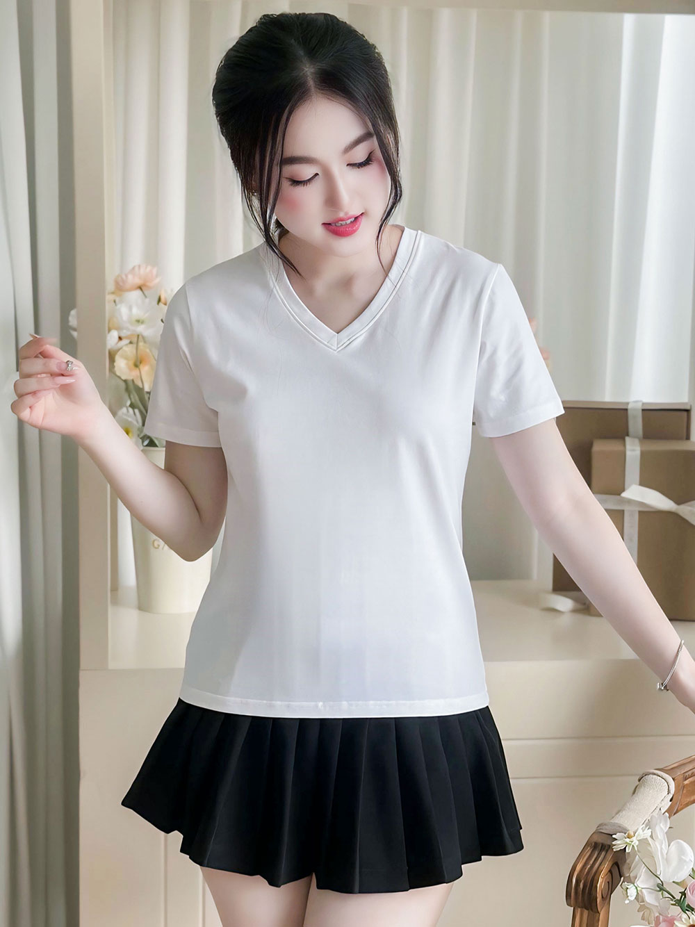 ÁO THUN NỮ TAY NGẮN-CỔ TIM-MÀU TRƠN