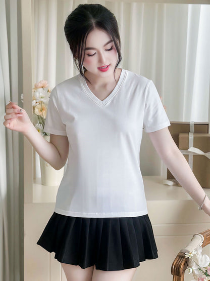 ÁO THUN NỮ TAY NGẮN-CỔ TIM-MÀU TRƠN