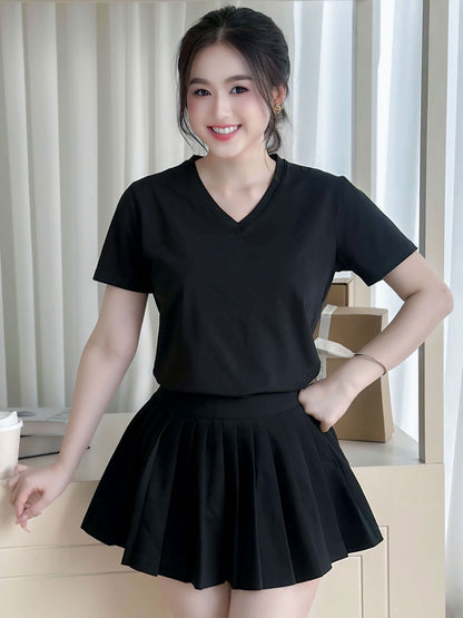 ÁO THUN NỮ TAY NGẮN-CỔ TIM-MÀU TRƠN