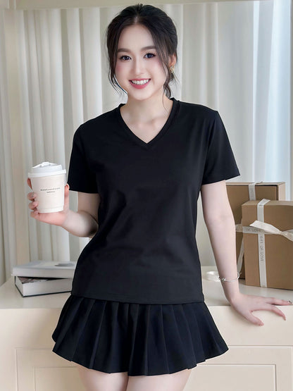 ÁO THUN NỮ TAY NGẮN-CỔ TIM-MÀU TRƠN