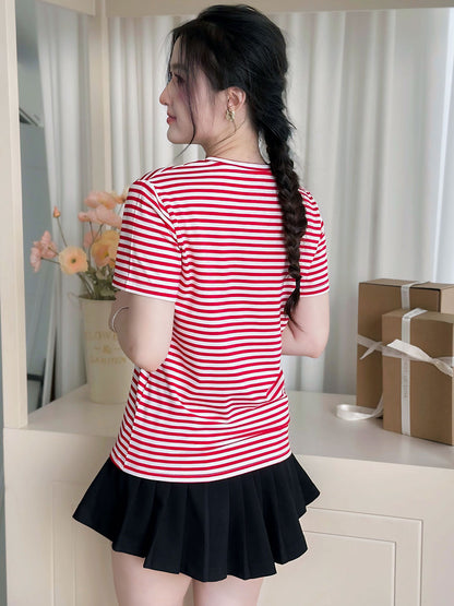 Áo thun nữ Tay ngắn-Cổ tim-Họa tiết kẻ sọc-Mã BSA