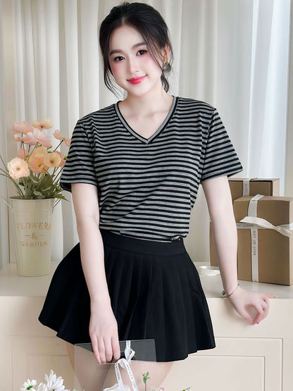 Áo thun nữ Tay ngắn-Cổ tim-Họa tiết kẻ sọc-Mã BSA