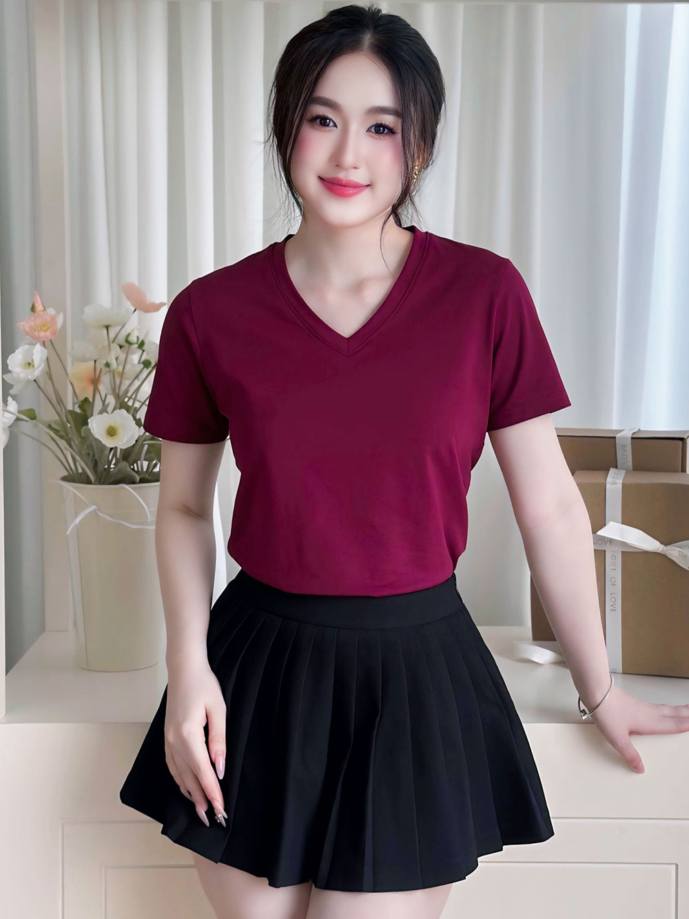 ÁO THUN NỮ TAY NGẮN-CỔ TIM-MÀU TRƠN