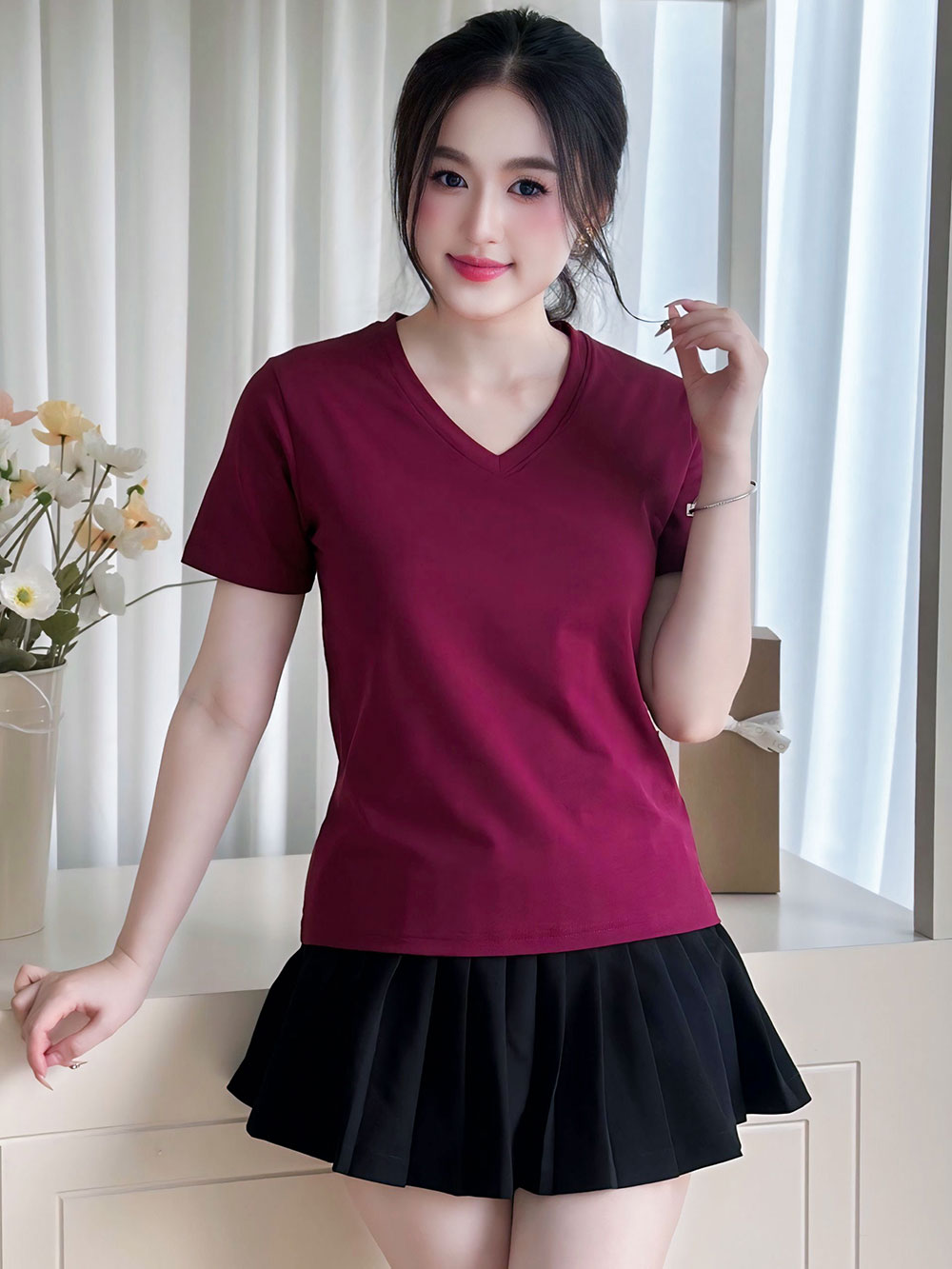 ÁO THUN NỮ TAY NGẮN-CỔ TIM-MÀU TRƠN