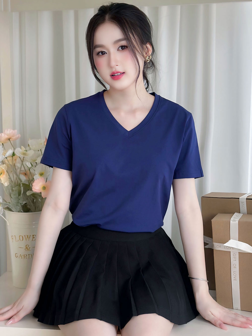 ÁO THUN NỮ TAY NGẮN-CỔ TIM-MÀU TRƠN