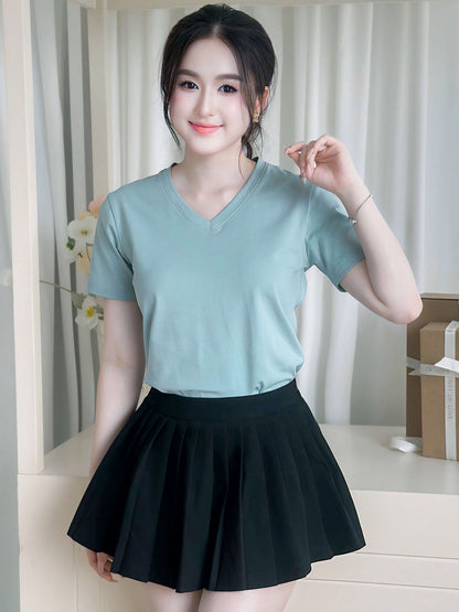 ÁO THUN NỮ TAY NGẮN-CỔ TIM-MÀU TRƠN