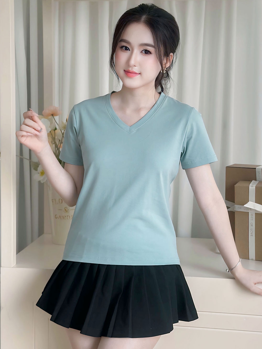 ÁO THUN NỮ TAY NGẮN-CỔ TIM-MÀU TRƠN