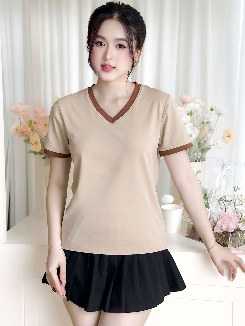 ÁO THUN NỮ TAY NGẮN-CỔ TIM-MÀU TRƠN