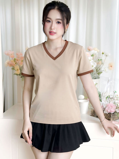 ÁO THUN NỮ TAY NGẮN-CỔ TIM-MÀU TRƠN