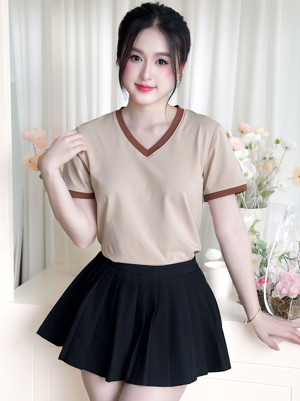 ÁO THUN NỮ TAY NGẮN-CỔ TIM-MÀU TRƠN