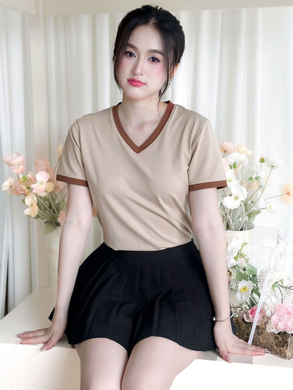 ÁO THUN NỮ TAY NGẮN-CỔ TIM-MÀU TRƠN