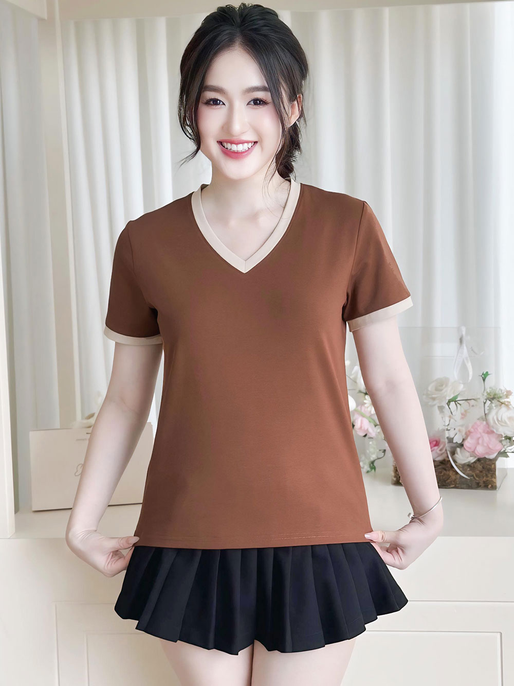 ÁO THUN NỮ TAY NGẮN-CỔ TIM-MÀU TRƠN