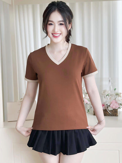 ÁO THUN NỮ TAY NGẮN-CỔ TIM-MÀU TRƠN