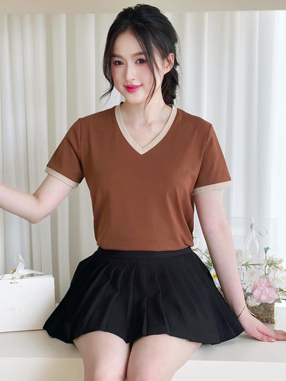 ÁO THUN NỮ TAY NGẮN-CỔ TIM-MÀU TRƠN