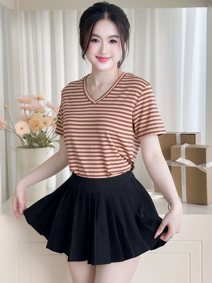 Áo thun nữ Tay ngắn-Cổ tim-Họa tiết kẻ sọc-Mã BSA