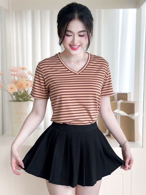 Áo thun nữ Tay ngắn-Cổ tim-Họa tiết kẻ sọc-Thời Trang-Thanh Lịch-Mã BSA