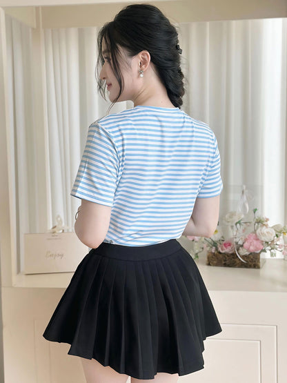 Áo thun nữ Tay ngắn-Cổ tim-Họa tiết kẻ sọc-Mã BSA