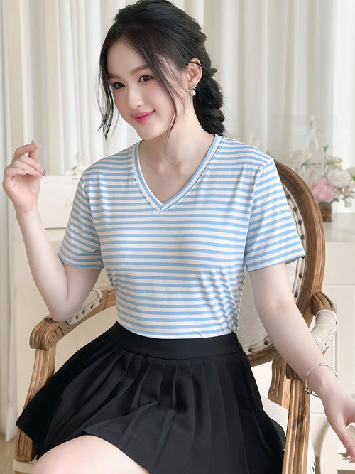 Áo thun nữ Tay ngắn-Cổ tim-Họa tiết kẻ sọc