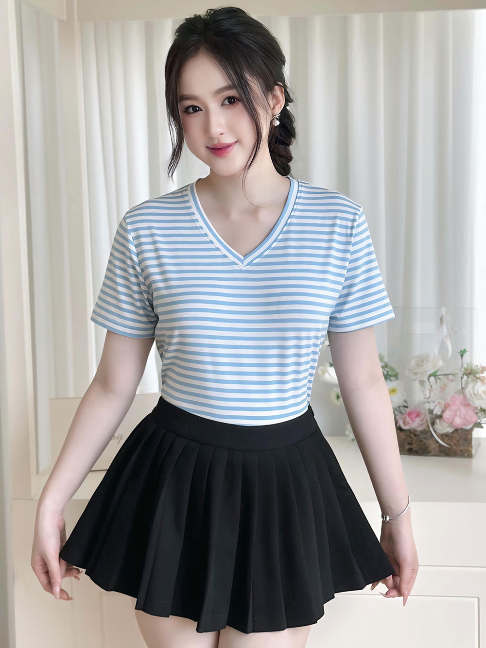 Áo thun nữ Tay ngắn-Cổ tim-Họa tiết kẻ sọc-Mã BSA