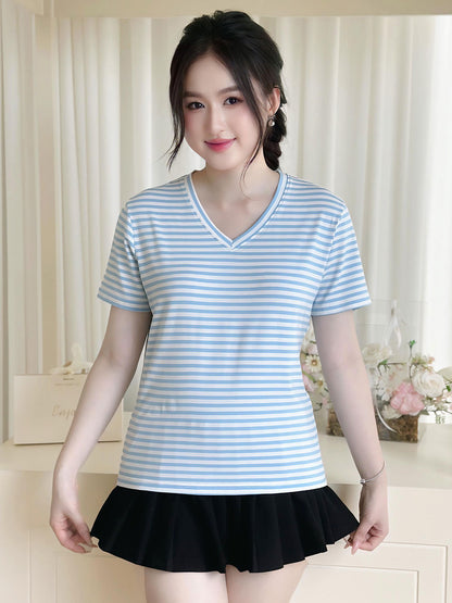 Áo thun nữ Tay ngắn-Cổ tim-Họa tiết kẻ sọc-Mã BSA